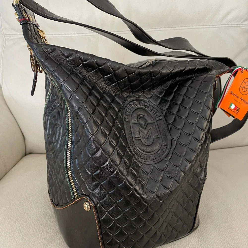 MARINO ORLANDI Italy XL BLACK ShoulderBag/Tote converts to Sling Emboss Leather - Picture 6 of 15